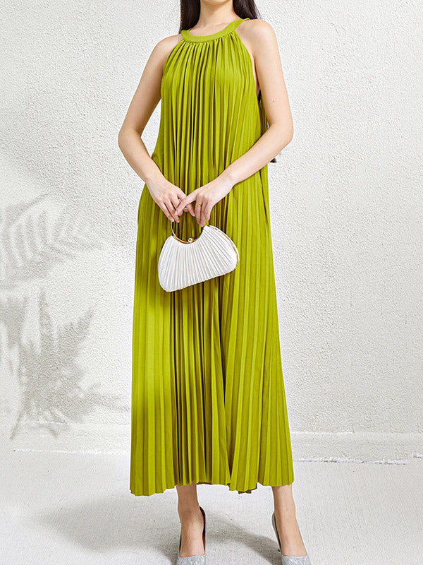 Loose Sleeveless Hollow Pleated Pockets Solid Color Halter-Neck Maxi Dresses