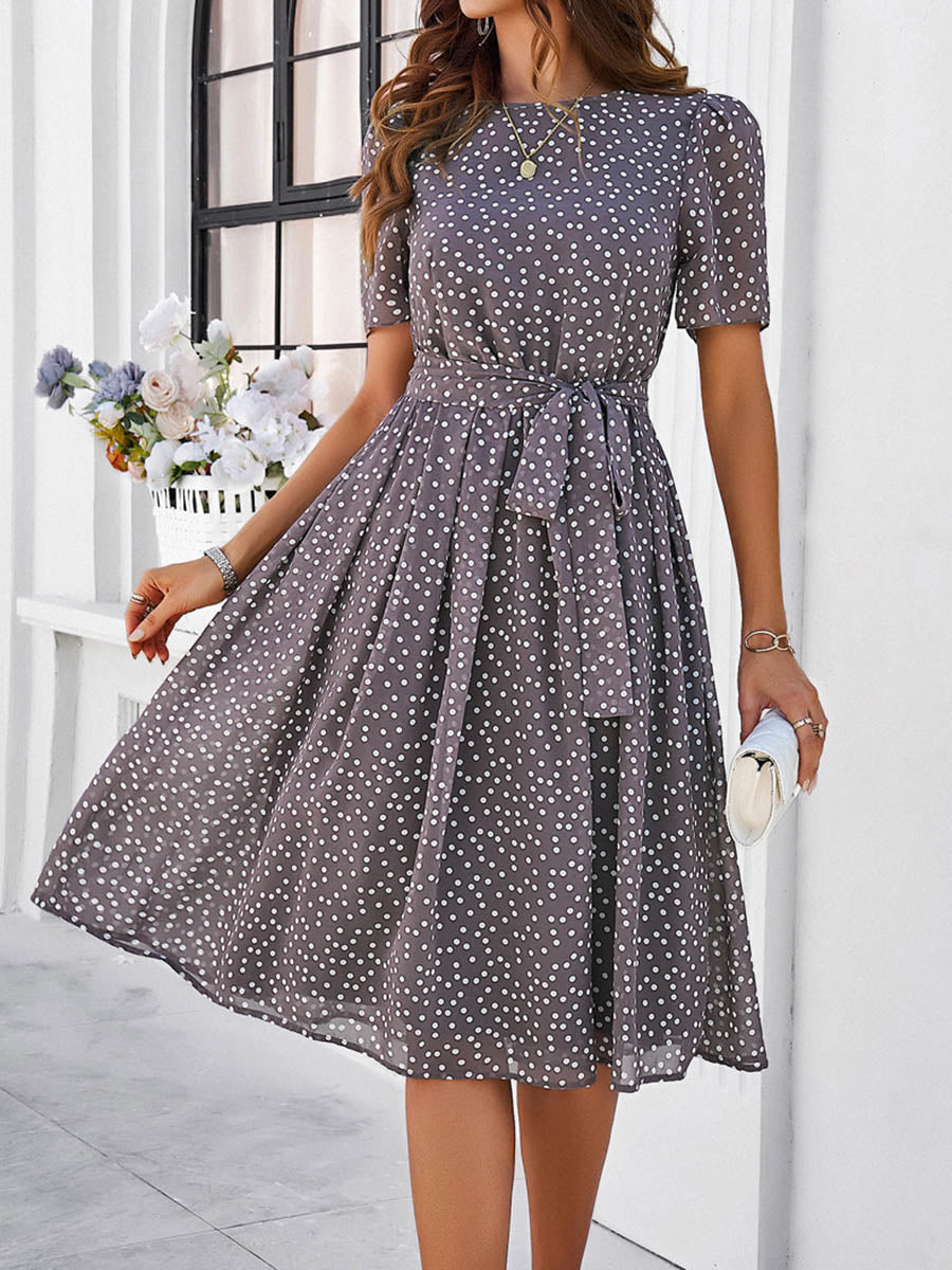 A-Line Elasticated Waist Contrast Color Polka Dot Split-Joint Tied Waist Round-Neck Midi Dresses