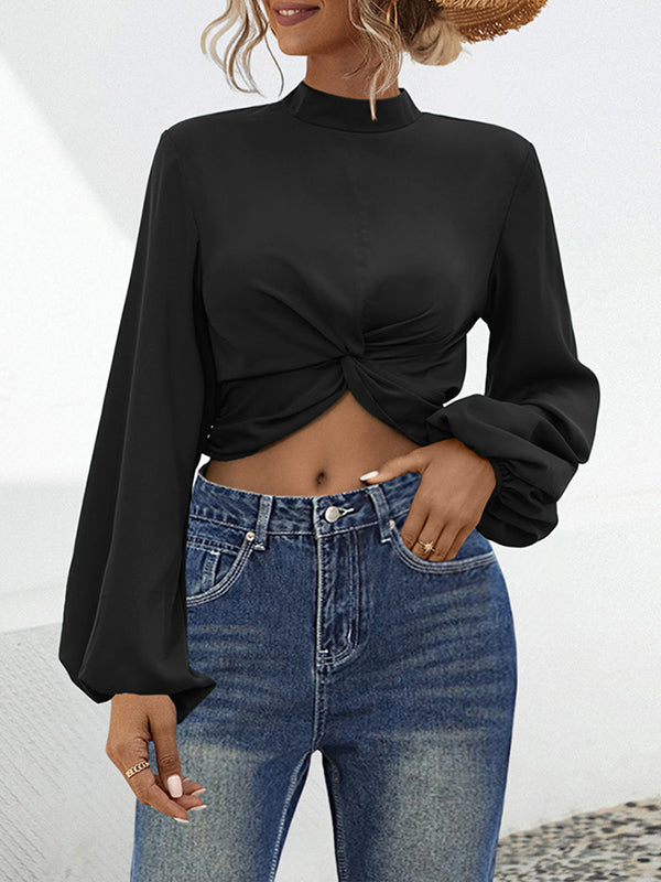 Long Sleeves Puff Sleeves Elasticity Hollow Knot Pleated Ruffled Mock Neck Blouses&Shirts Tops
