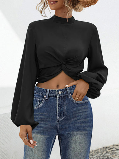 Long Sleeves Puff Sleeves Elasticity Hollow Knot Pleated Ruffled Mock Neck Blouses&Shirts Tops
