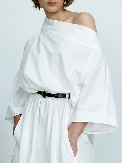 Long Sleeves Loose No Belt Solid Color Off-The-Shoulder Midi Dresses