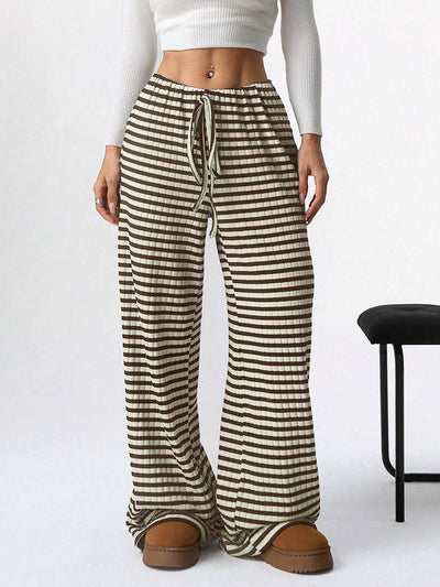Elasticated Waist High Waisted Contrast Color Drawstring Split-Joint Striped Pants