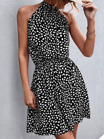 A-Line High Waisted Elasticity Leaves Print Pleated Halter-Neck Mini Dresses