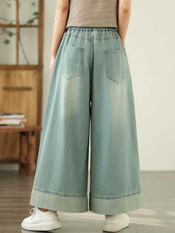 Loose Wide Leg Elasticity Pleated Pockets Jean Pants Bottoms Trousers