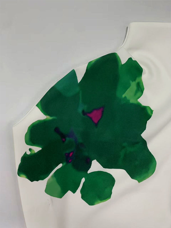 Loose Sleeveless Asymmetric Flower Print Mock Neck Vest Top