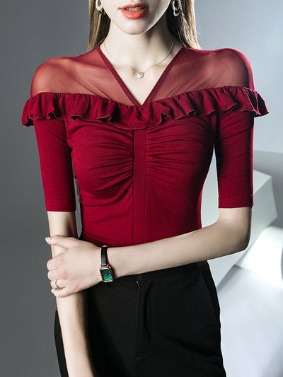 Half Sleeves Skinny Pleated Ruffle Trim Solid Color Split-Joint V-Neck T-Shirts Tops