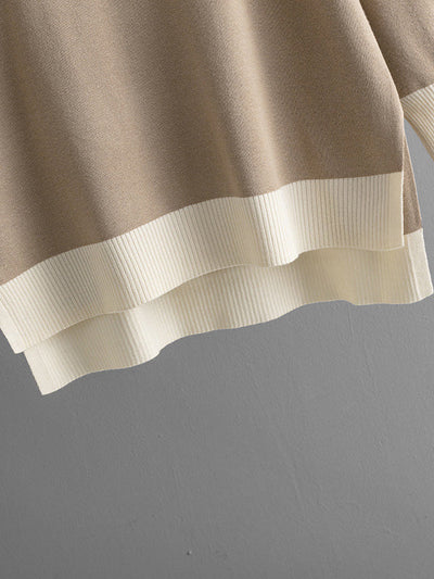 High-Low Contrast Color Split-Side V-Neck Sweater Tops + Elasticity Pants Trousers Two Pieces Set