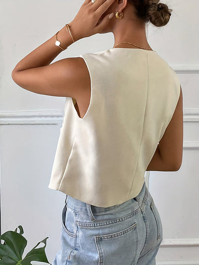 Loose Sleeveless Buttoned Pockets Split-Joint Round-Neck Vest Top