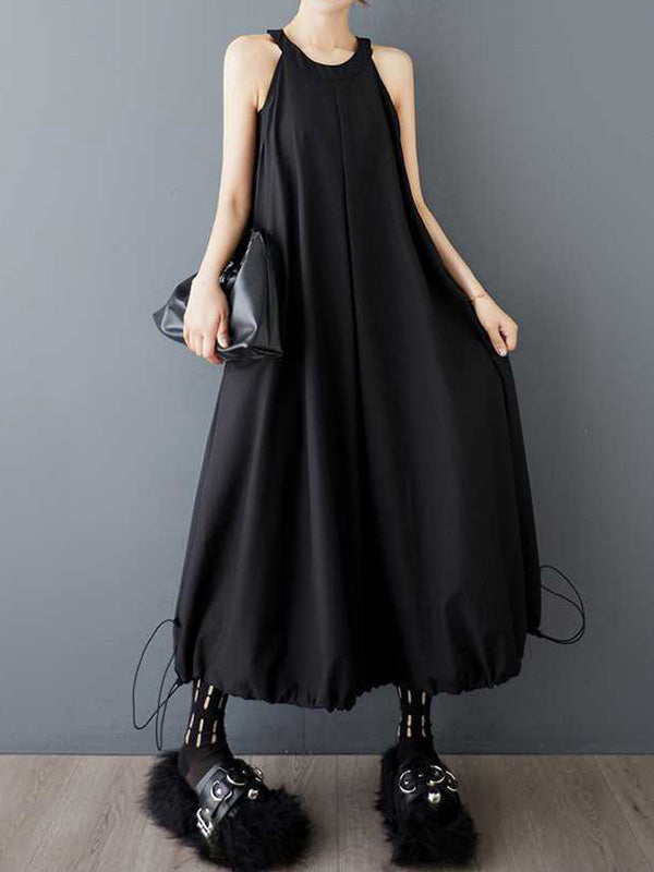 A-Line Loose Drawstring Pleated Pockets Solid Color Zipper Spaghetti-Neck Midi Dresses