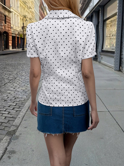 Short Sleeves Buttoned Polka-Dot Solid Color Split-Joint Lapel Blouses&Shirts Tops