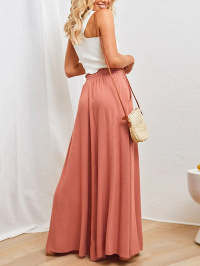 High Waisted Loose Drawstring Elasticity Pockets Solid Color Pants Trousers