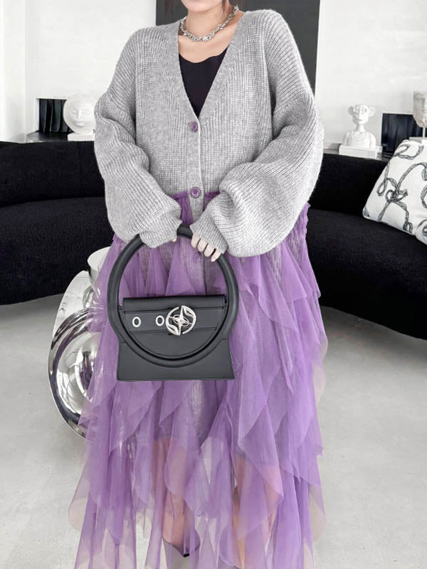 High-Low Irregularity Buttoned Contrast Color Mesh Pleated Ribs Split-Joint Collarless Cardigan Tops Outerwear