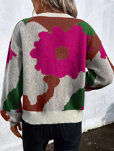 Loose Puff Sleeves Asymmetric Knitted Flower Split-Joint Round-Neck Sweater Tops