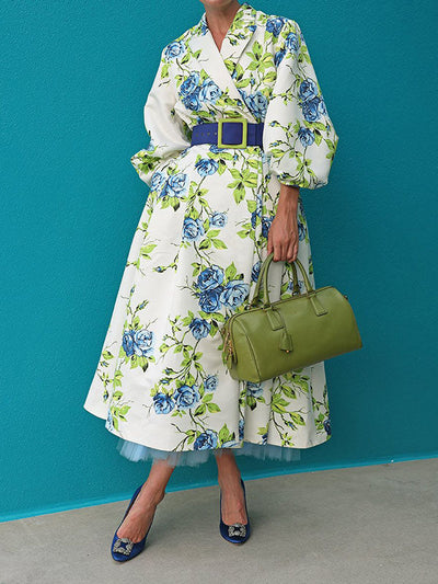 Batwing Sleeves Loose Pleated Printed Tied Waist Lapel Midi Dresses Shirt Dress