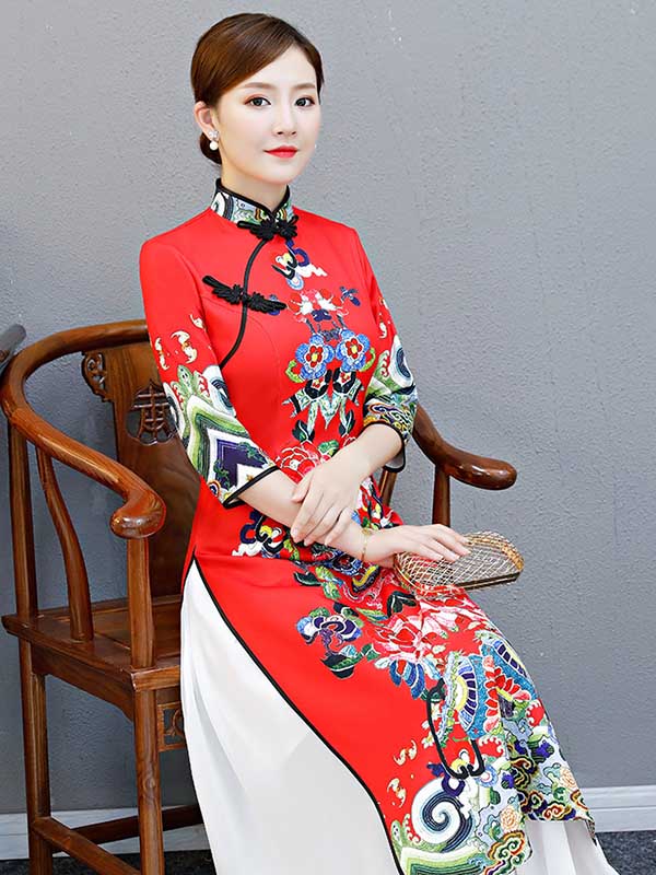Red Split-Joint Seven-Quarter Sleeves Ao Dai Long Cheongsams