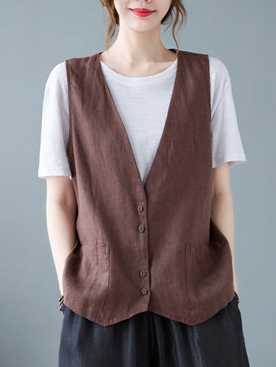 Simple Loose V-Neck Solid Color Vest