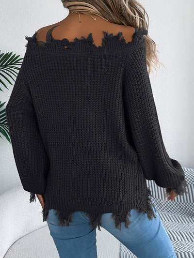 Long Sleeves Hollow Knitted Leaves Ribbed Knit See-Through Solid Color Off-The-Shoulder Sweater Tops