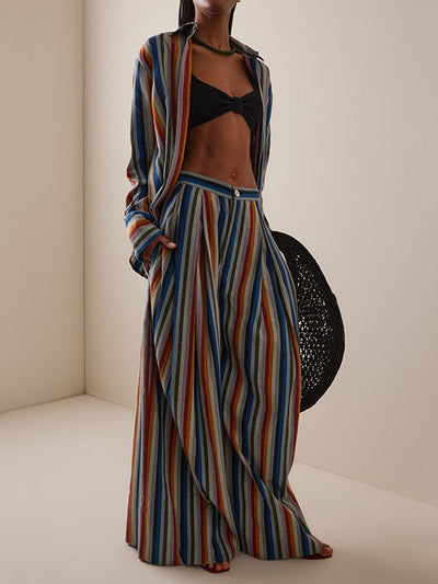 Loose Wide Leg Pleated Split-Joint Striped Pants Trousers