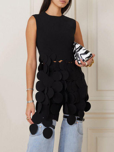 Sleeveless Polka-Dot Solid Color Split-Joint Tasseled Round-Neck Vest Top