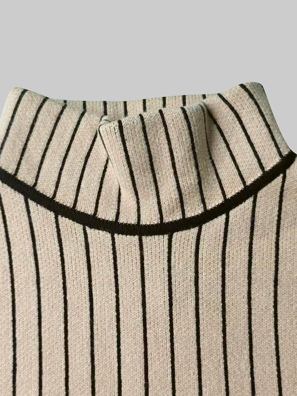 Long Sleeves Skinny Contrast Color Striped High Neck Midi Dresses Sweater Dresses