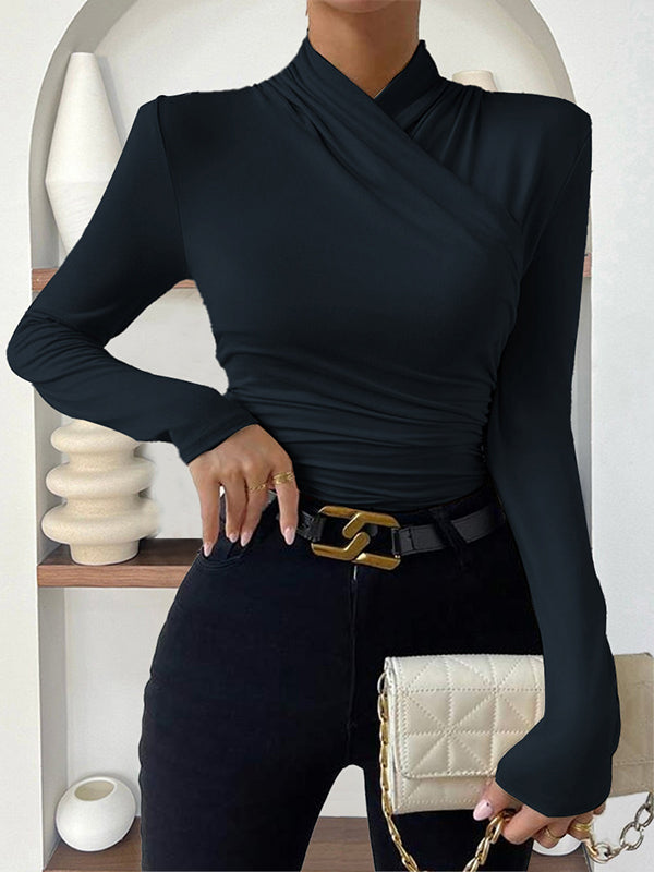 Long Sleeves Skinny Pleated Solid Color Mock Neck T-Shirts Tops