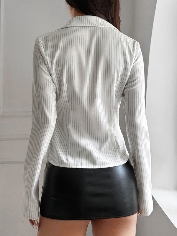 Long Sleeves Skinny Buttoned Contrast Color Striped Lapel Blouses&Shirts Tops