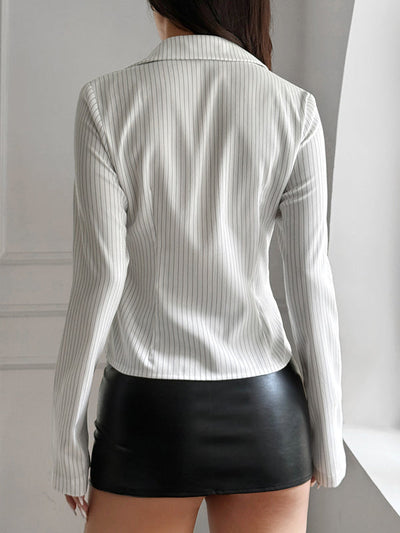 Long Sleeves Skinny Buttoned Contrast Color Striped Lapel Blouses&Shirts Tops