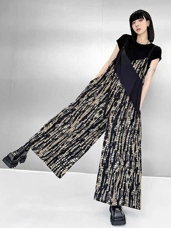 Loose Sleeveless Asymmetric Contrast Color Printed Split-Joint Spaghetti-Neck Overalls