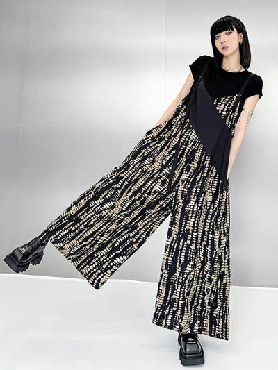 Loose Sleeveless Asymmetric Contrast Color Printed Split-Joint Spaghetti-Neck Overalls