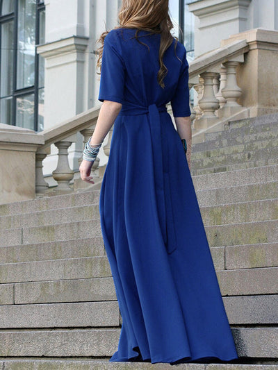 Half Sleeves High Waisted Solid Color Tied Waist V-Neck Maxi Dresses