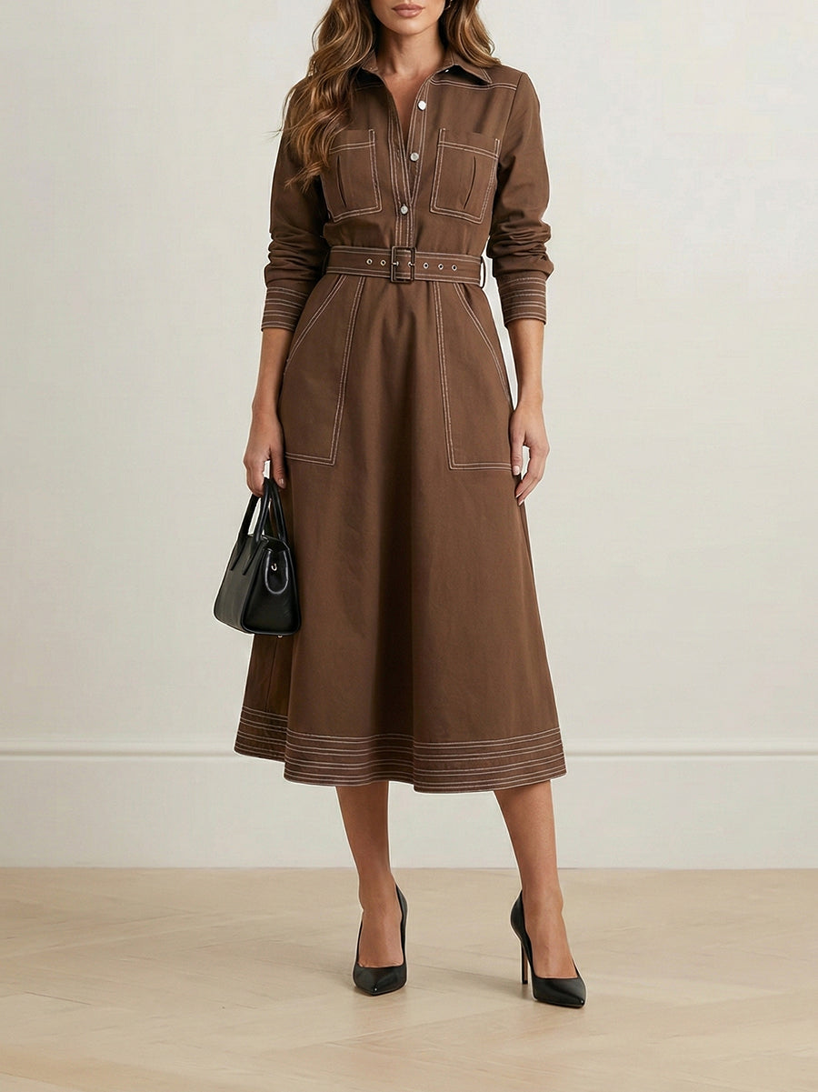 Long Sleeves Loose Buttoned Elasticity Pockets Solid Color Lapel Maxi Dresses