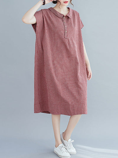 Artistic Retro Loose Plaid Buttoned Lapel Collar Midi Dress