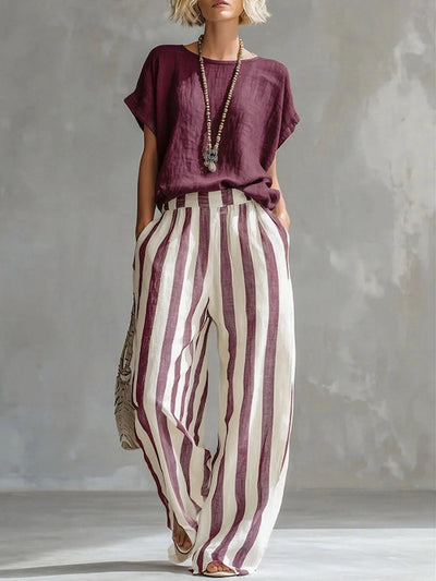 Plus Size Solid Color Round-Neck T-Shirts + Striped Pockets Contrast Color High Waisted Pants Trousers Two Pieces Set