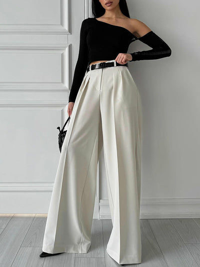 High Waisted Loose Pleated Solid Color Split-Joint Suit Pants Trousers