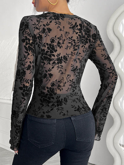 Flared Sleeves Long Sleeves Solid Color Deep V-Neck T-Shirts