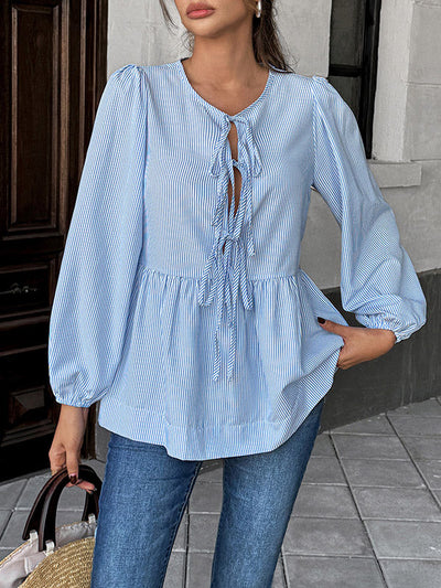Long Sleeves Loose Elasticity Pleated Striped Tied Round-Neck Blouses&Shirts Tops
