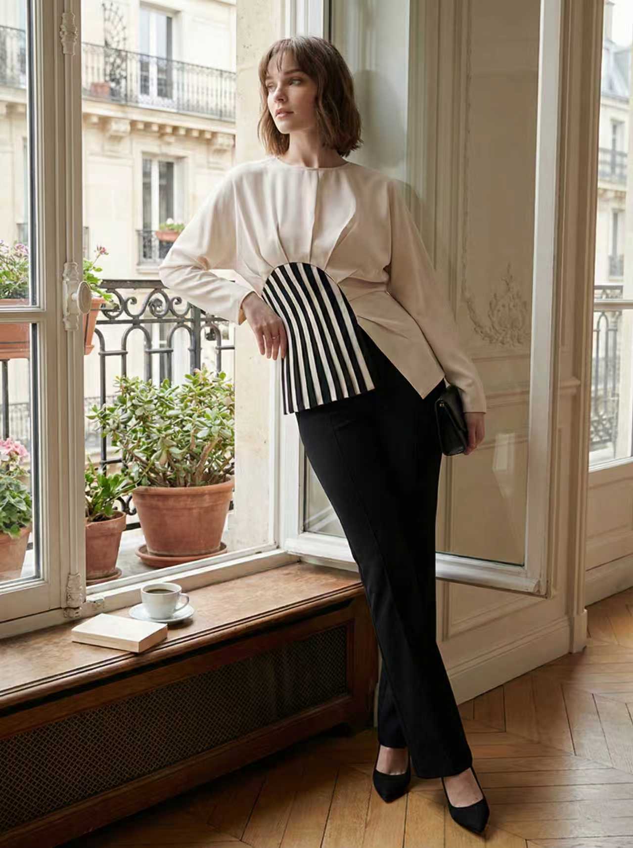 Irregularity Long Sleeves Asymmetric Pleated Split-Joint Striped Zipper Round-Neck Blouses&Shirts Tops