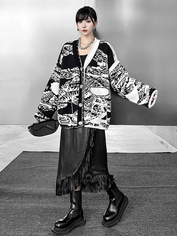 Long Sleeves Loose Abstract Printed Buttoned Contrast Color Pockets Split-Joint Collarless Cardigan Tops Outerwear