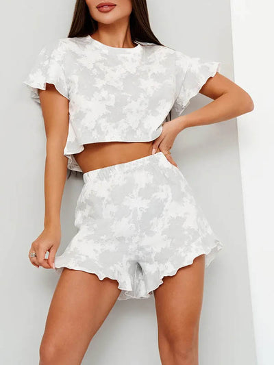 Loose Short Sleeves Elasticity Ruffle Trim Round-Neck T-Shirt Top + Shorts Bottom Pajama Sets