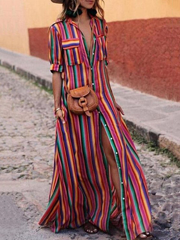 Long Sleeves Loose Split-Joint Striped Lapel Maxi Dresses Shirt Dress