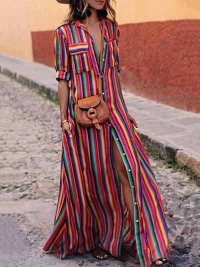 Long Sleeves Loose Split-Joint Striped Lapel Maxi Dresses Shirt Dress