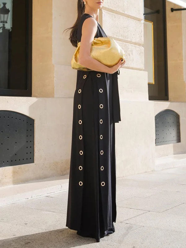 Loose Sleeveless Hollow Split-Joint Split-Side Streamer Deep V-Neck Vest Outerwear