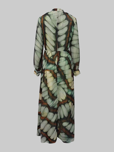 Balloon Sleeves Long Sleeves Big Hemline Contrast Color Pleated Print Zipper Stand Collar Maxi Dresses