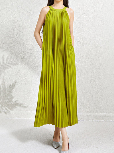 Loose Sleeveless Hollow Pleated Pockets Solid Color Halter-Neck Maxi Dresses