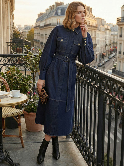 Puff Sleeves Belted Buttoned Pockets Split-Joint Lapel Midi Dresses