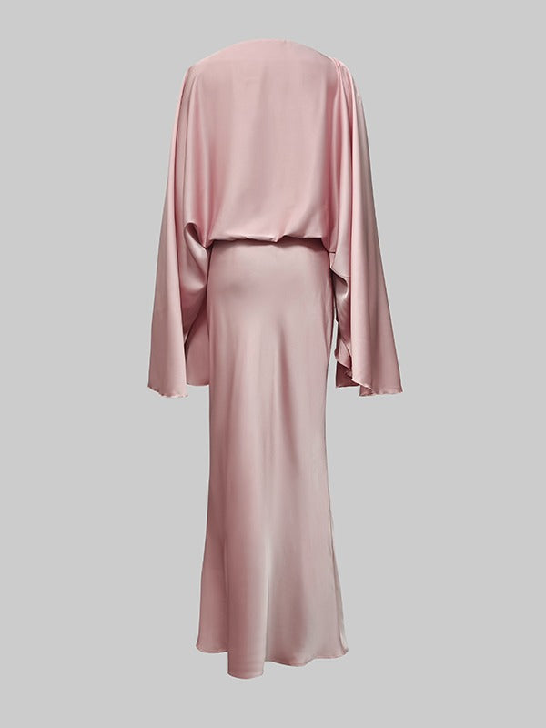 Batwing Sleeves Loose Solid Color Split-Joint Round-Neck Evening Dresses Maxi Dresses