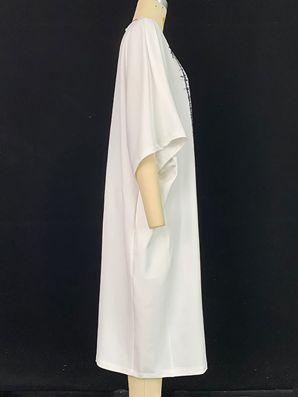 Loose Three-Quarter Sleeves Printed Split-Front Round-Neck Midi Dresses