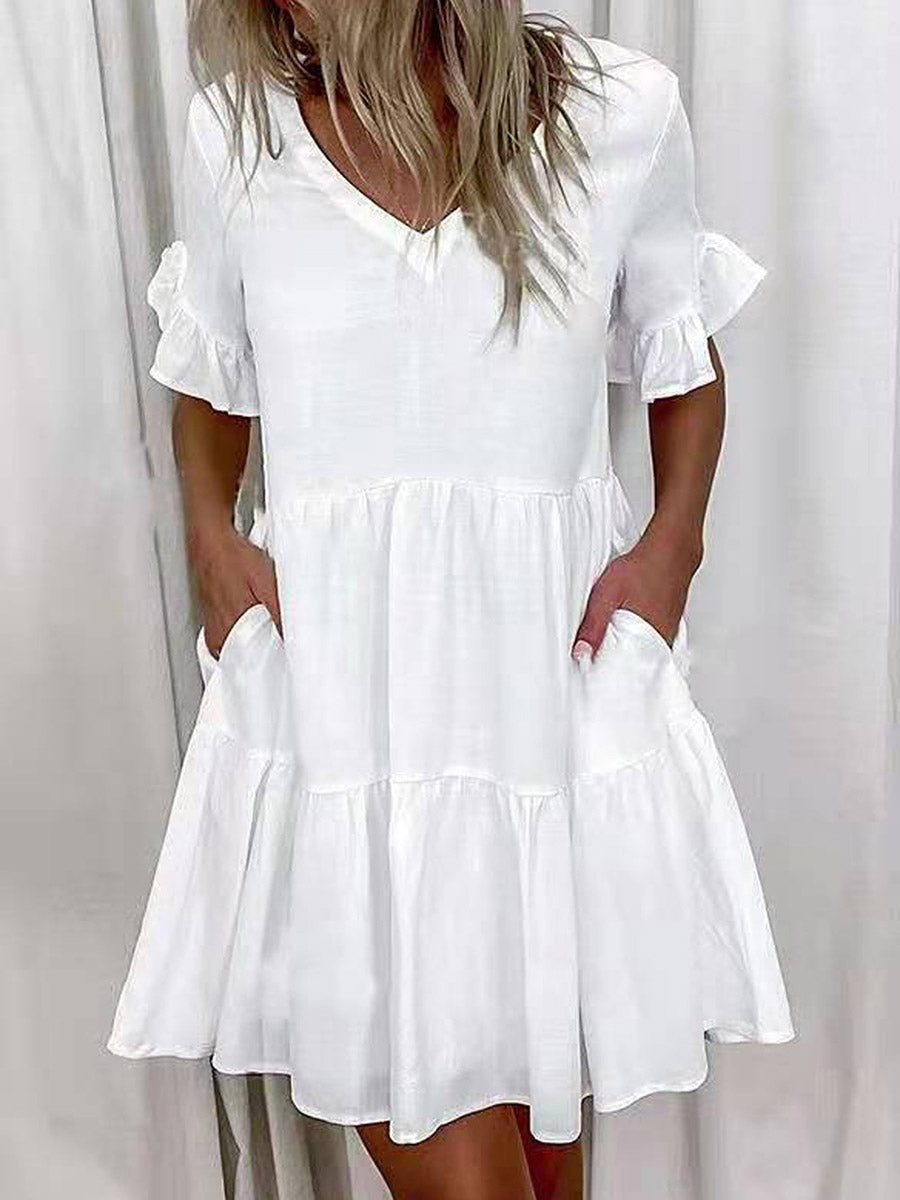 A-Line High Waisted Contrast Color Pleated Pockets Printed Split-Joint V-Neck Midi Dresses