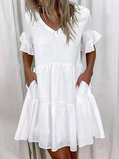 A-Line High Waisted Contrast Color Pleated Pockets Printed Split-Joint V-Neck Midi Dresses