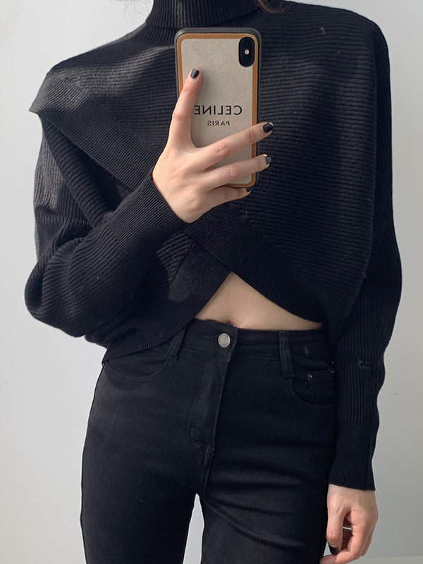 Long Sleeves Asymmetric Solid Color Split-Front High-Neck Knitwear Pullovers Sweater